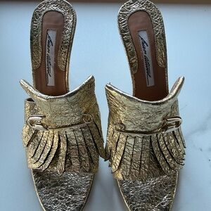 Brian Atwood Metallic Gold Fringe Mule Slides